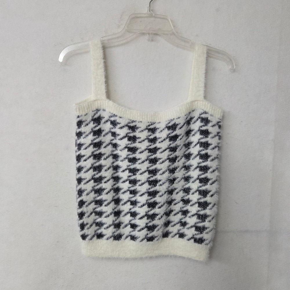 Willow & Wind Womens Black White Houndstooth Fuzzy Knit Tank Top Camisole Medium